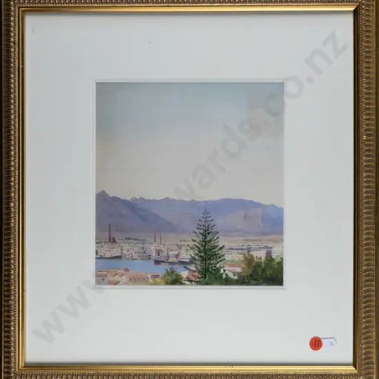 C Warden - framed watercolour - village and mountain scene H220 W200 (slight foxing and creasing)