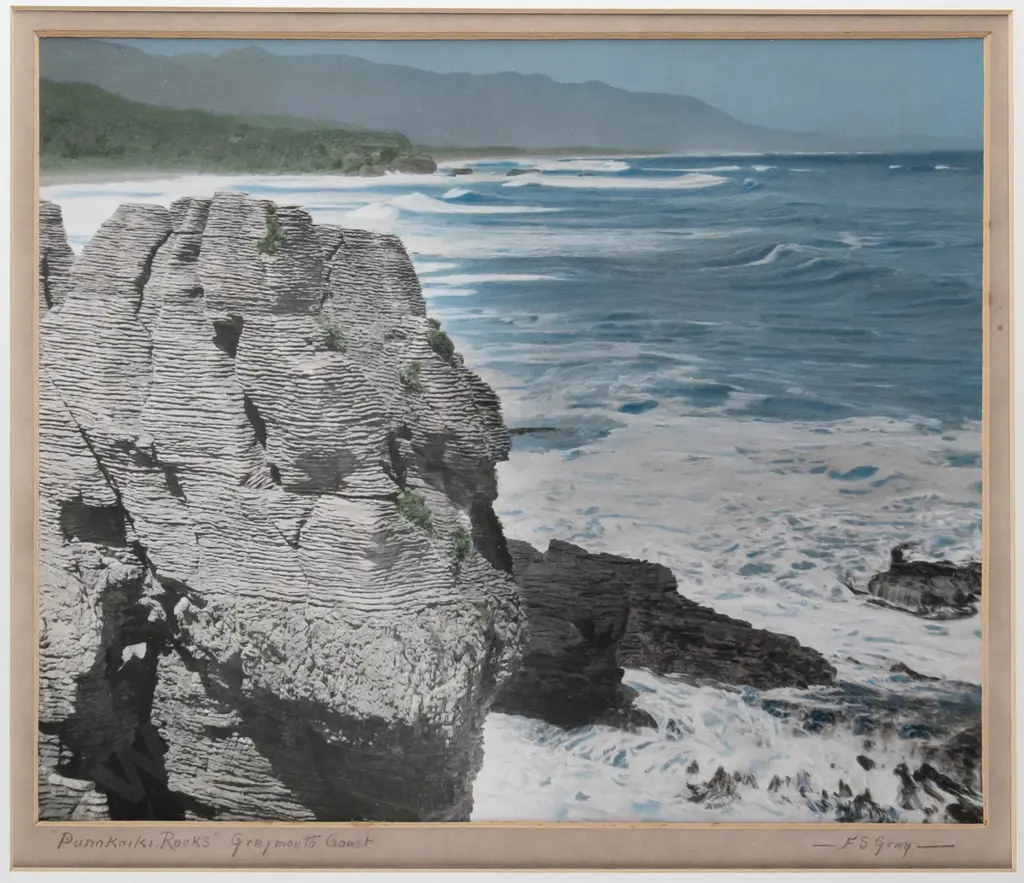 framed FS Gray vintage hand coloured photograph "Punakaiki Rocks - Greymouth Coast" H230 W280 Image 1++