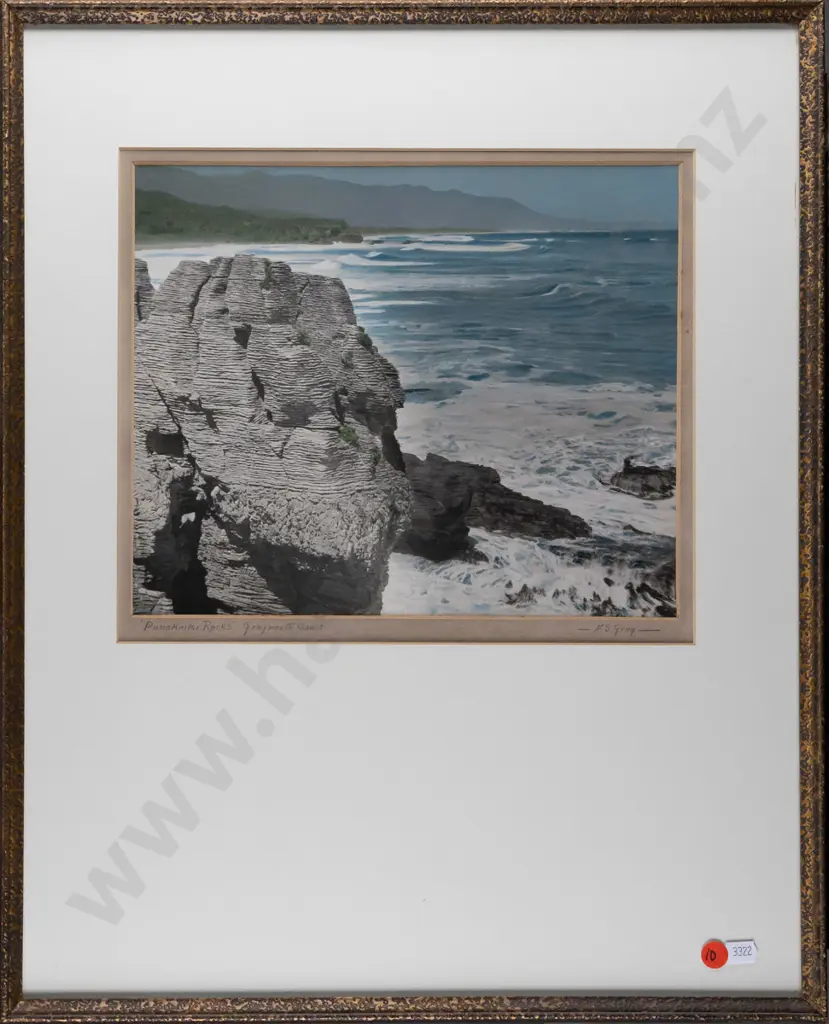 framed FS Gray vintage hand coloured photograph "Punakaiki Rocks - Greymouth Coast" H230 W280 Image 1++