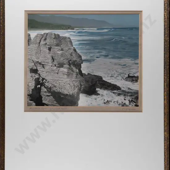 framed FS Gray vintage hand coloured photograph "Punakaiki Rocks - Greymouth Coast" H230 W280