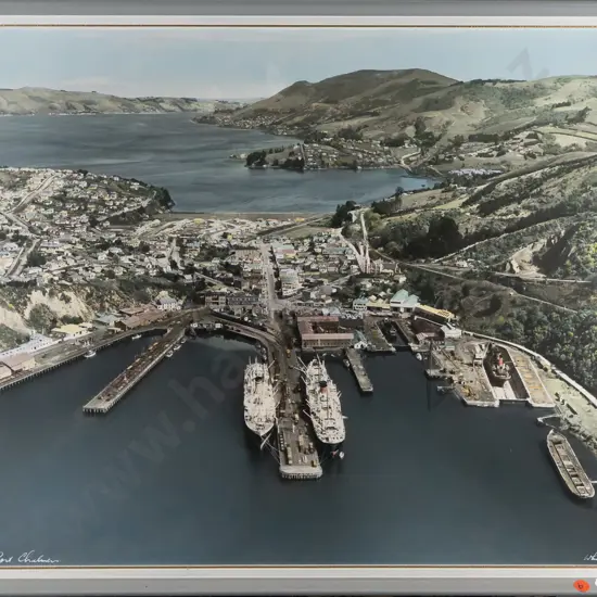framed vintage Whites Aviation hand coloured photograph "Port Chalmers" H480 W600