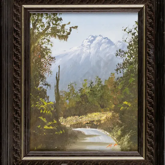 Michael Finnerty - framed oil - bush road and mounatin scene H180 W140