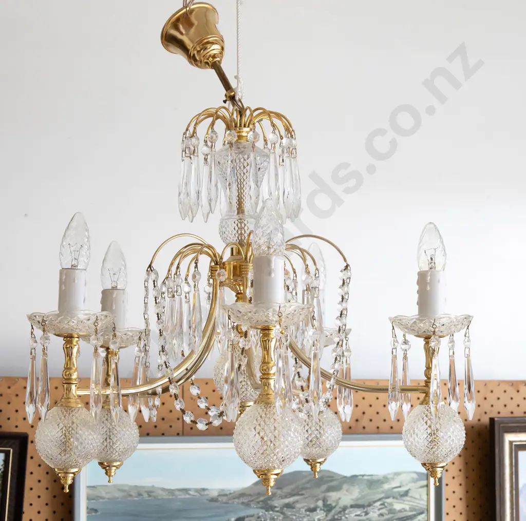 brass and glass 5-arm chandelier light fitting with moulded hobnail glass spheres, swags and lustres H-500 D-520 Image 1++