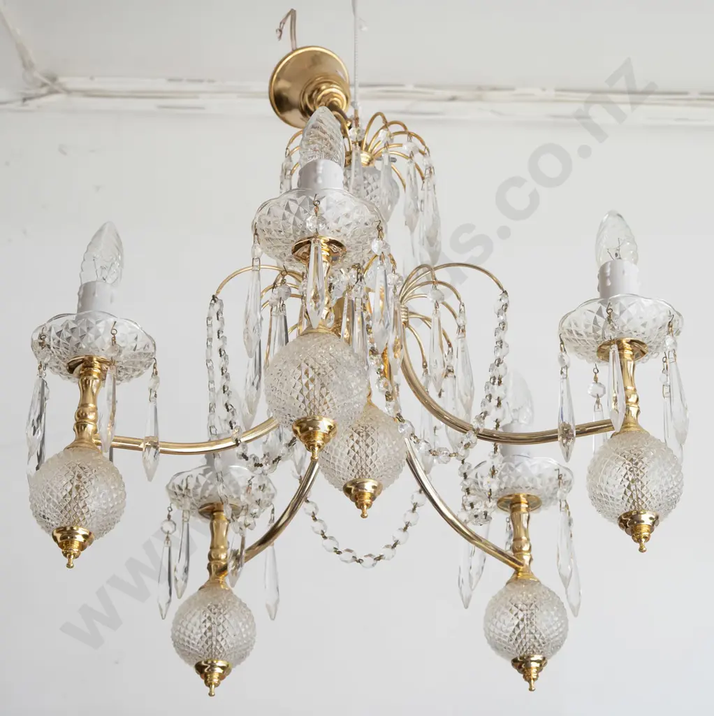 brass and glass 5-arm chandelier light fitting with moulded hobnail glass spheres, swags and lustres H-500 D-520 Image 1++
