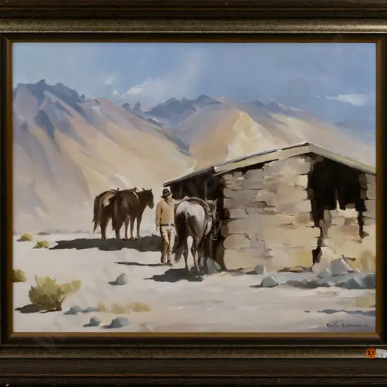 Maurice Buckland 1979 -- framed oil on canvas board "Some Welcome Shade" H-395 W-495