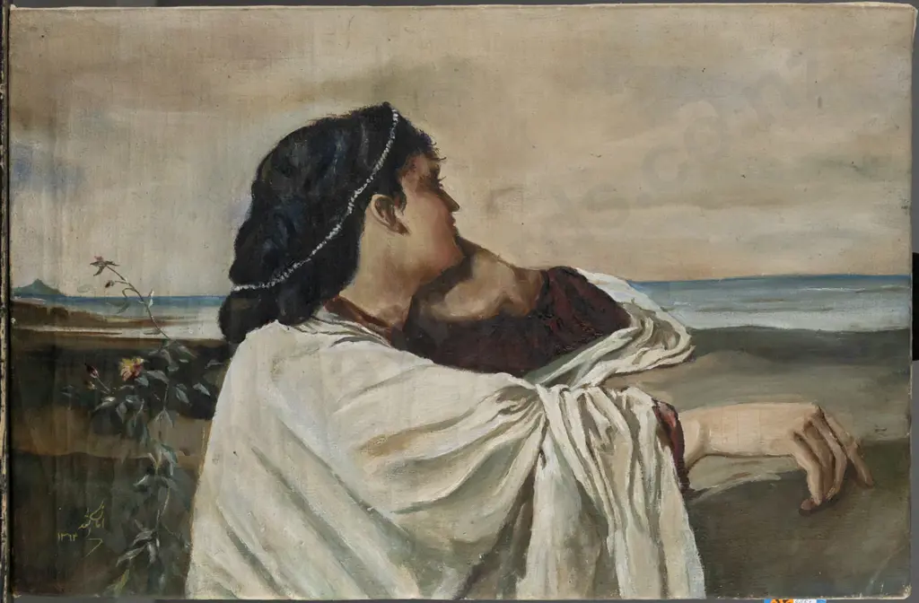 Middle-eastern copyist c1995, oil on canvas stretched over board, copy of Feuerbach's 'Iphigenie' H-335 W-510 [cockling, Image 1++