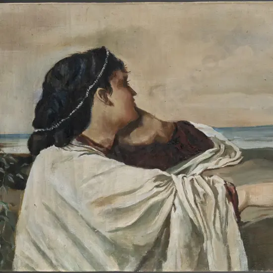 Middle-eastern copyist c1995, oil on canvas stretched over board, copy of Feuerbach's 'Iphigenie' H-335 W-510 [cockling,