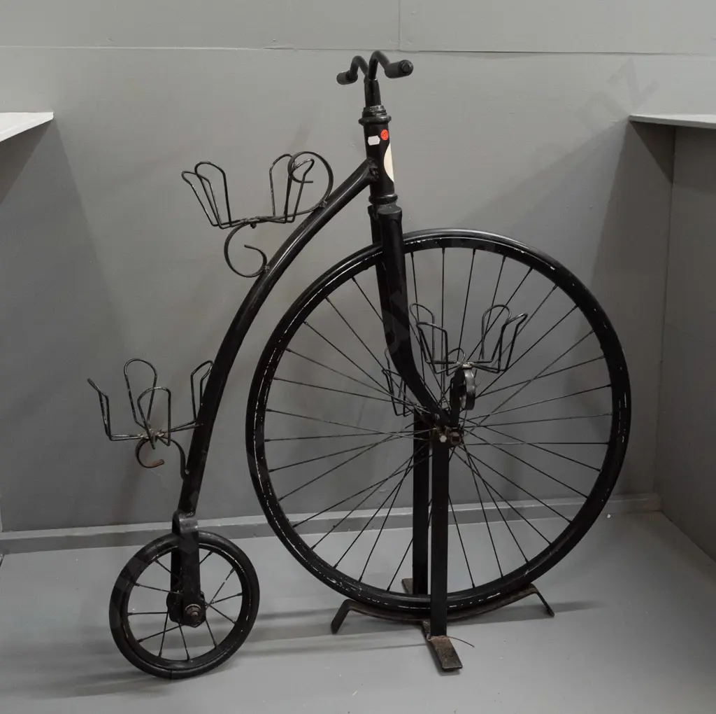 retro plant stand in the form of a penny farthing bicycle with rubber tyres, 4 plant holders, set on stand supporting Image 1++