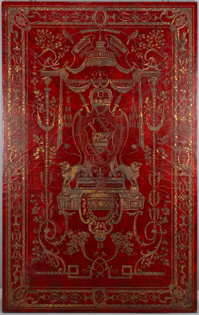 large carved red lacquer single-panel screen with gold dust/gold leaf in carved areas H-1630 W-1015 Image 1++
