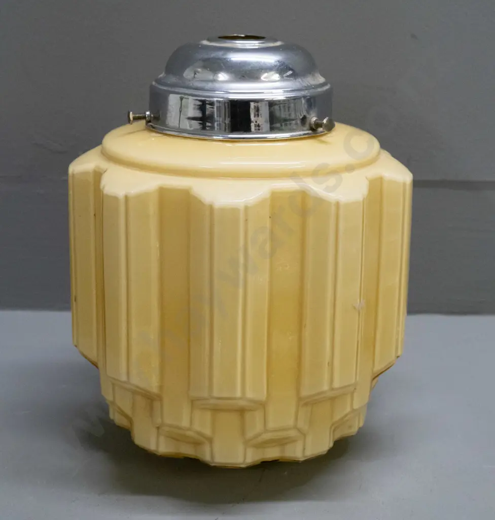 art deco yellow glass multi-faceted shape ceiling light shade with chrome journal - some chipping around rim of shade Image 1++