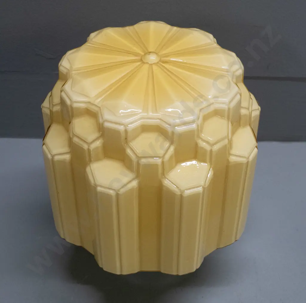 art deco yellow glass multi-faceted shape ceiling light shade with chrome journal - some chipping around rim of shade Image 1++