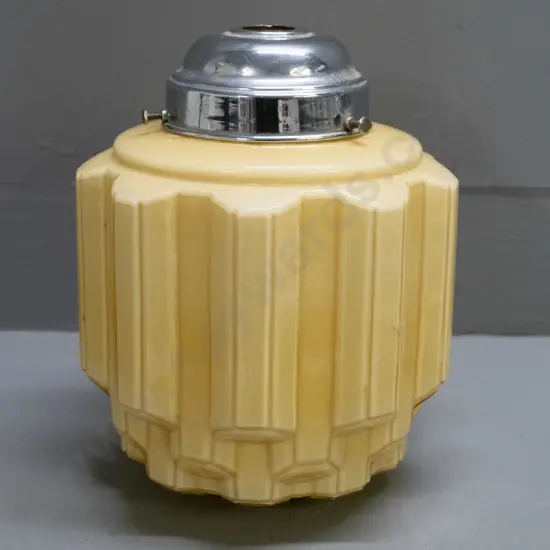 art deco yellow glass multi-faceted shape ceiling light shade with chrome journal - some chipping around rim of shade
