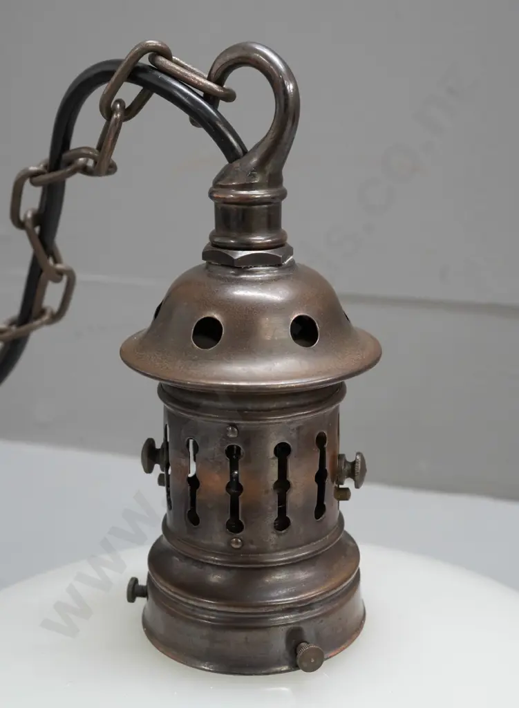restored 1920s hanging light fitting with copper fitting and milk glass shade H-260 D-290 Image 1++