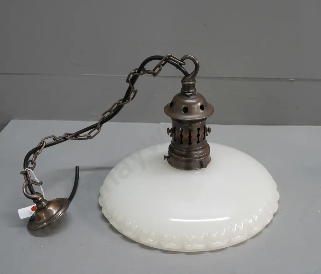 restored 1920s hanging light fitting with copper fitting and milk glass shade H-260 D-290 Image 1++