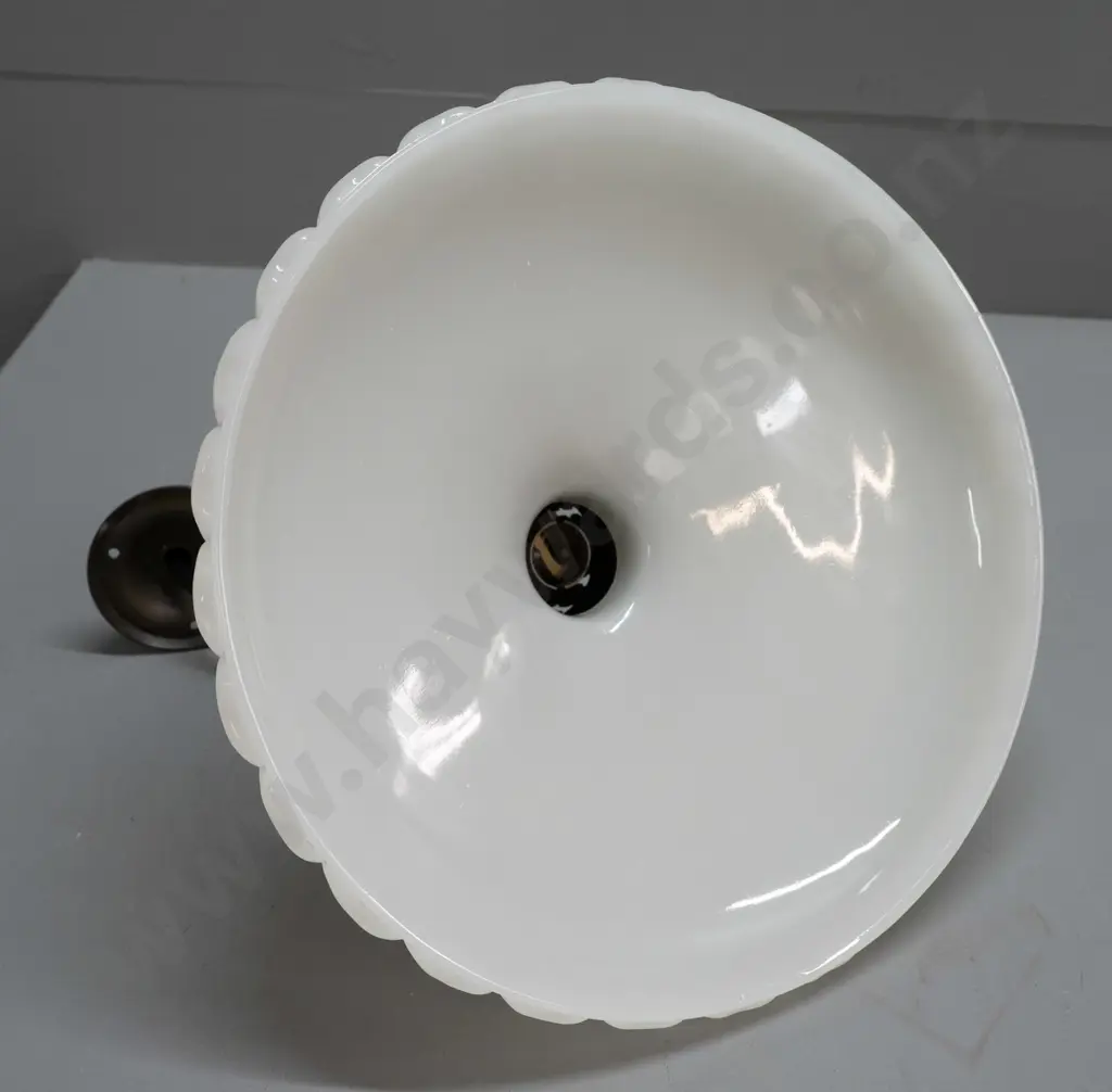 restored 1920s hanging light fitting with copper fitting and milk glass shade H-260 D-290 Image 1++