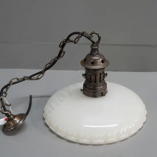 restored 1920s hanging light fitting with copper fitting and milk glass shade H-260 D-290