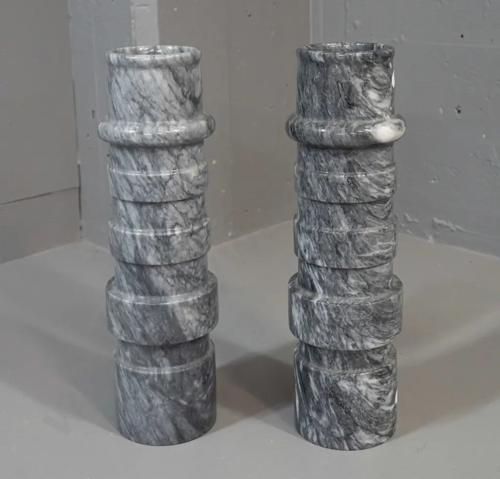 pair of heavy turned marbled grey and white stone vases H-365 Image 1++
