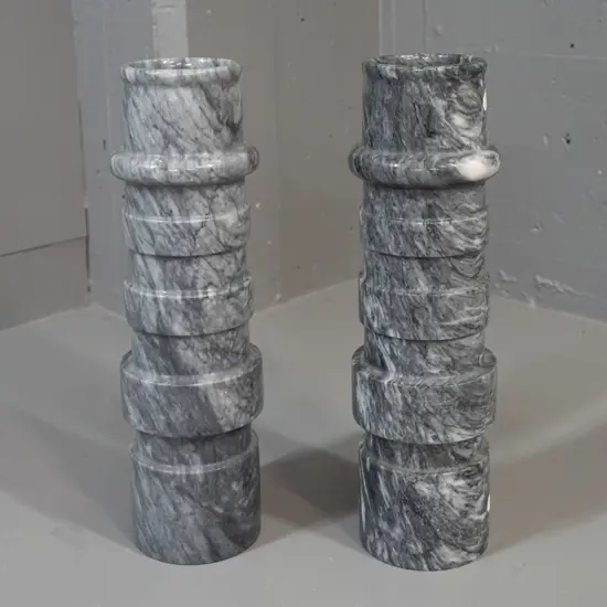 pair of heavy turned marbled grey and white stone vases H-365