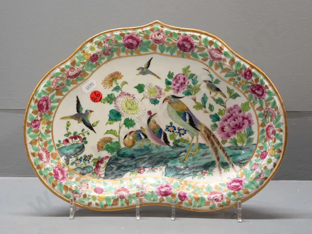 antique Cantonese famille rose dish with gilt edging, floral and bird decoration L-290 W-210 Image 1++