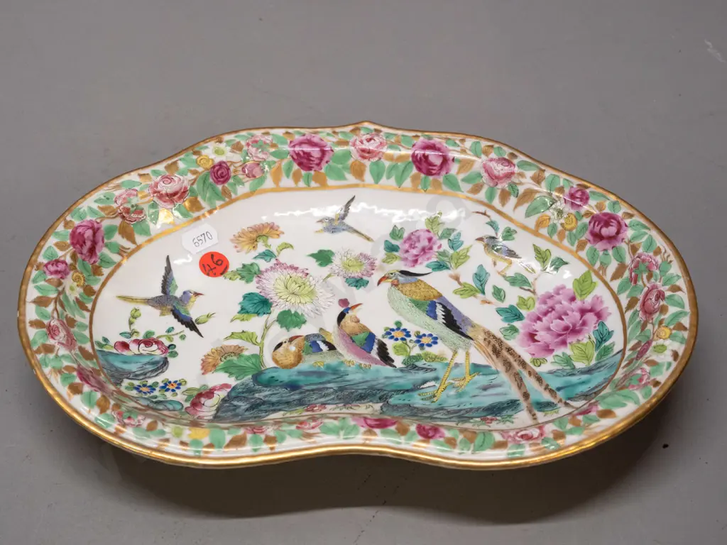 antique Cantonese famille rose dish with gilt edging, floral and bird decoration L-290 W-210 Image 1++