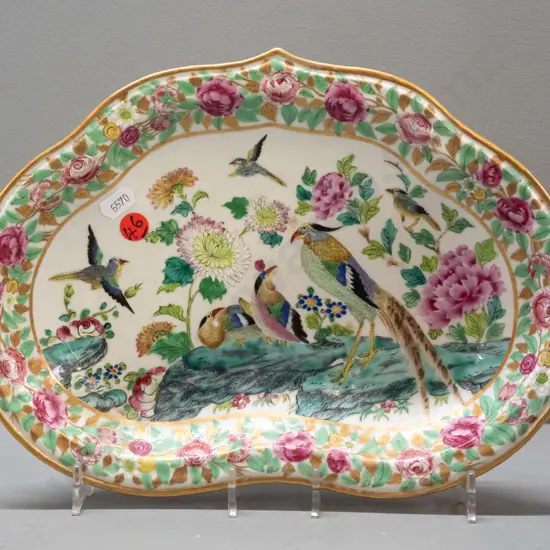 antique Cantonese famille rose dish with gilt edging, floral and bird decoration L-290 W-210