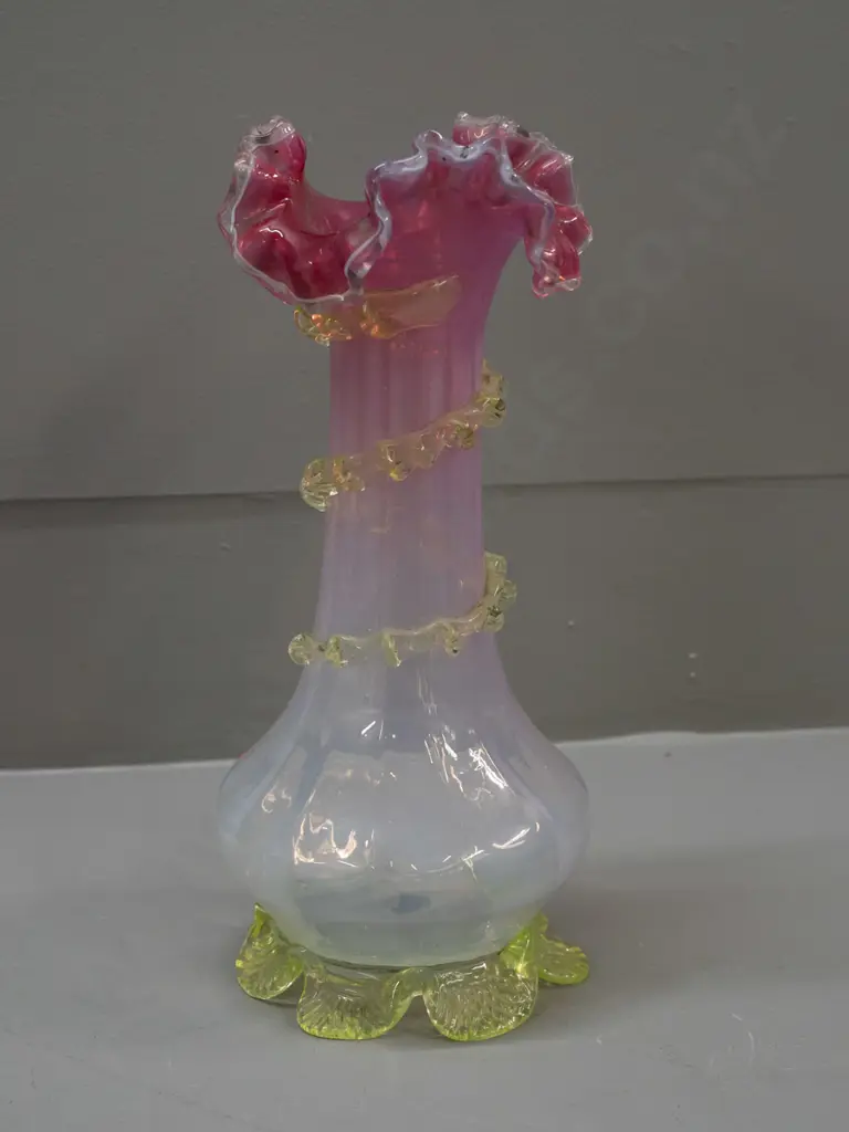 Victorian or nouveau style uranium vaseline glass vase fading to pink at top, with green uranium base and trailing band Image 1++