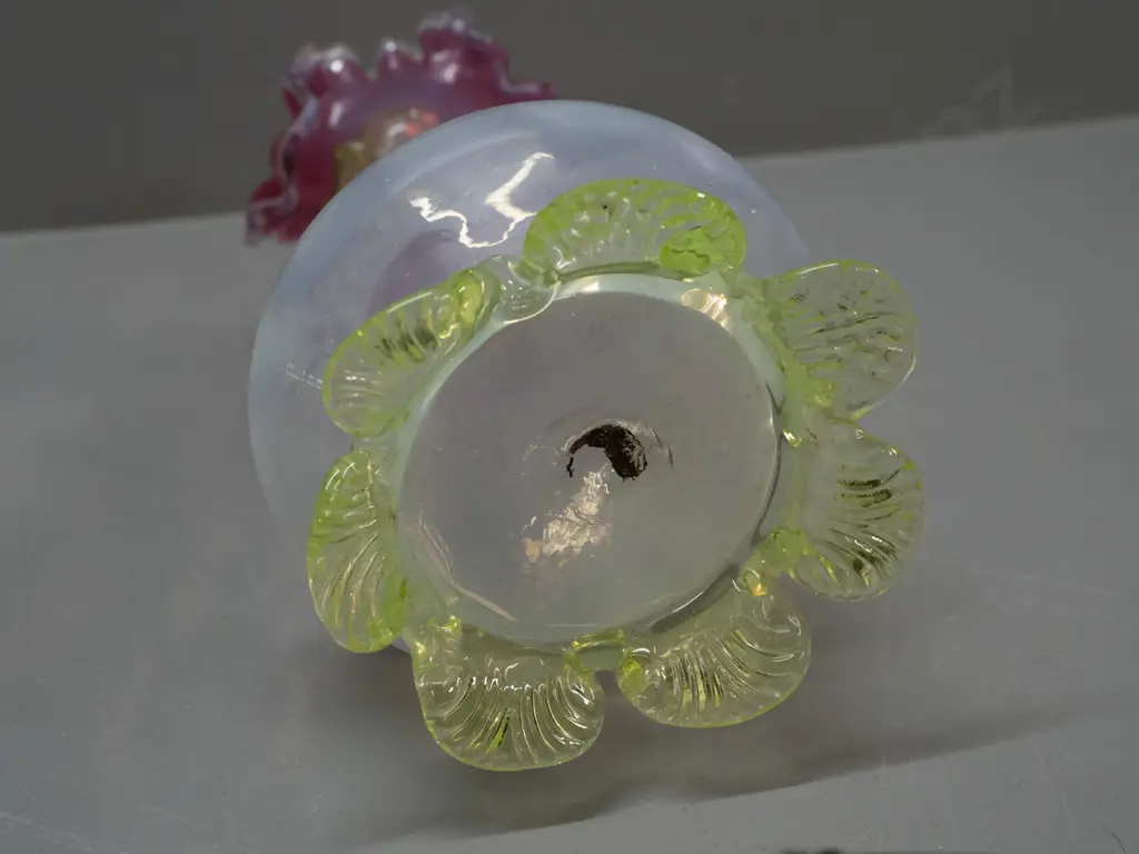 Victorian or nouveau style uranium vaseline glass vase fading to pink at top, with green uranium base and trailing band Image 1++