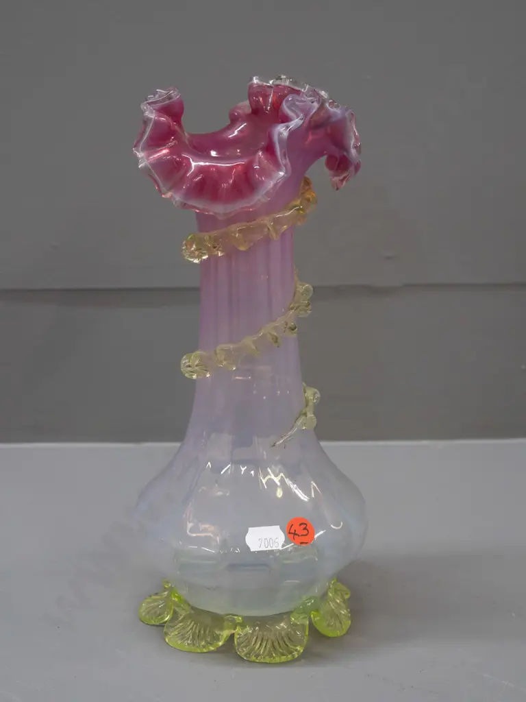Victorian or nouveau style uranium vaseline glass vase fading to pink at top, with green uranium base and trailing band Image 1++