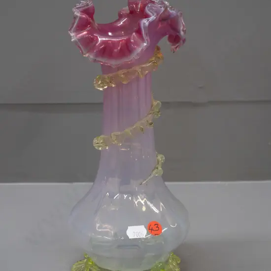 Victorian or nouveau style uranium vaseline glass vase fading to pink at top, with green uranium base and trailing band