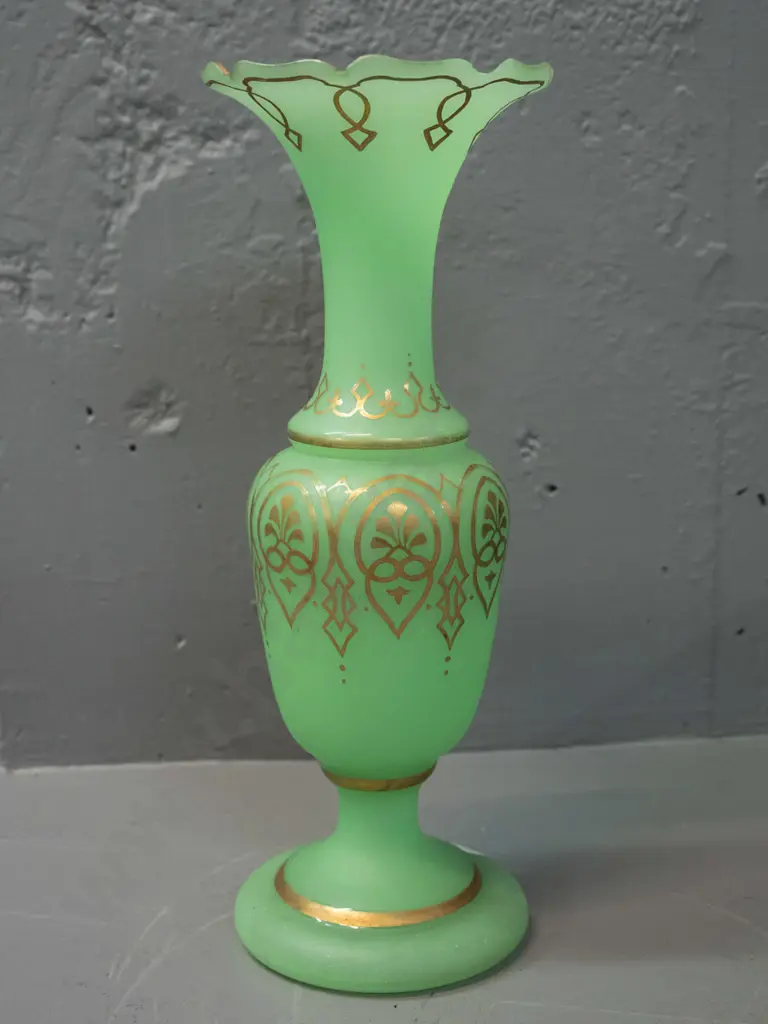 vintage uranium glass vase with frilled top rim, gilt decoration - small chip to top rim H-320 D-120 at top Image 1++