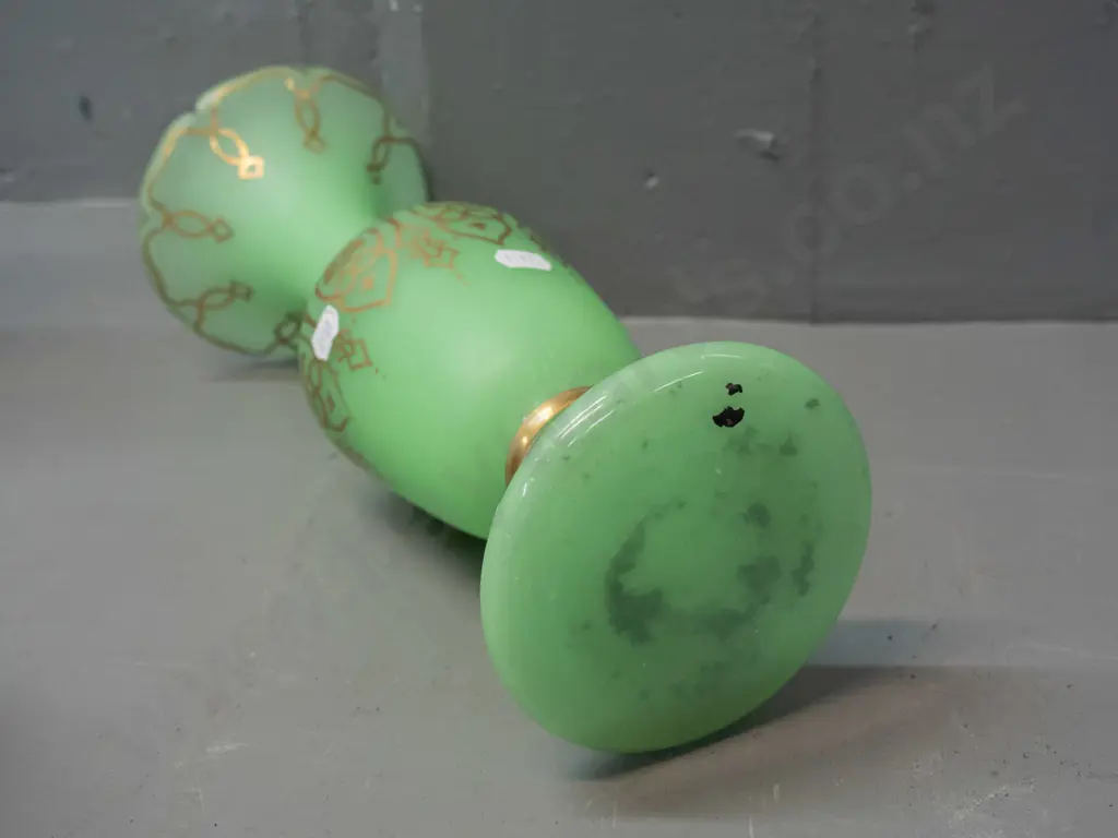 vintage uranium glass vase with frilled top rim, gilt decoration - small chip to top rim H-320 D-120 at top Image 1++