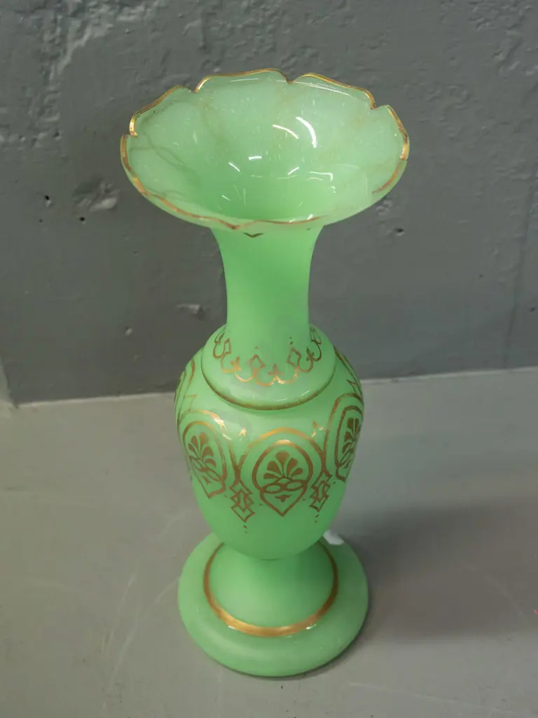 vintage uranium glass vase with frilled top rim, gilt decoration - small chip to top rim H-320 D-120 at top Image 1++