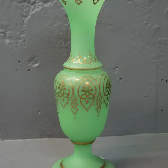 vintage uranium glass vase with frilled top rim, gilt decoration - small chip to top rim H-320 D-120 at top