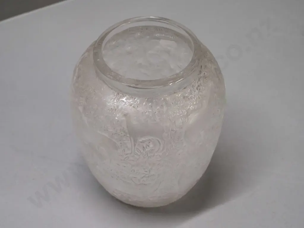 Lalique frosted moulded glass vase with "Biches" deer motif - see photo for "Lalique France" mark H-175 D-120 Image 1++