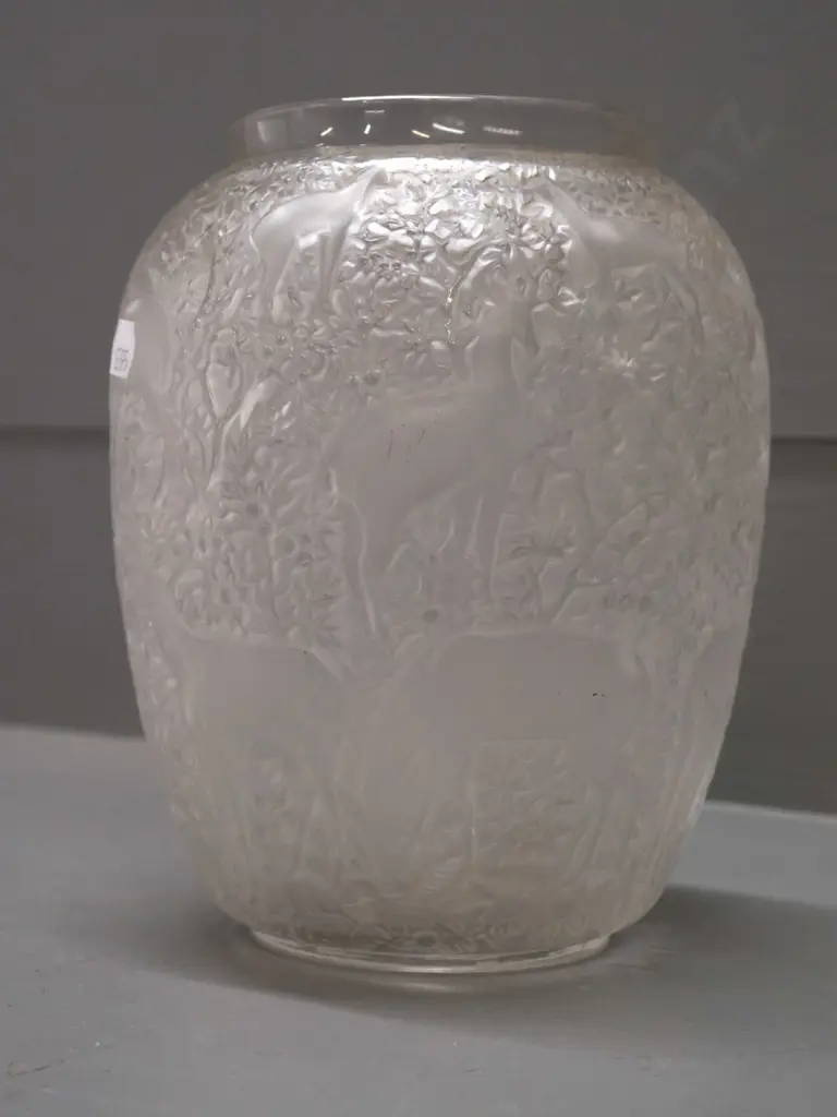 Lalique frosted moulded glass vase with "Biches" deer motif - see photo for "Lalique France" mark H-175 D-120 Image 1++