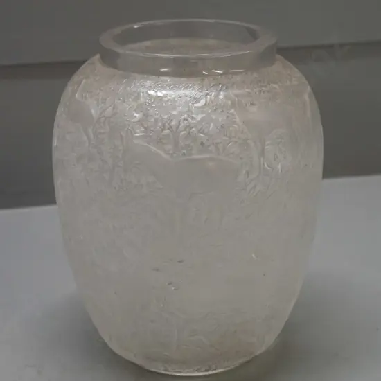 Lalique frosted moulded glass vase with "Biches" deer motif - see photo for "Lalique France" mark H-175 D-120