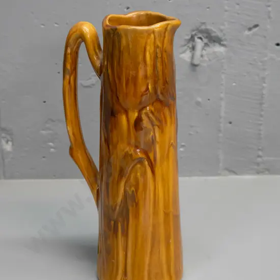 vintage Crown Lynn tulip jug in gold & brown trickle glaze, with 8/2 fraction mark, Made in NZ round stamp