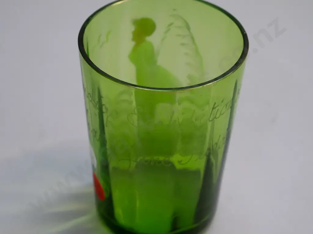 Bendigo Exhibition 1902 souvenir Mary Gregory style hand decorated green glass tumbler - etched name Jane Puddy H-100 Image 1++