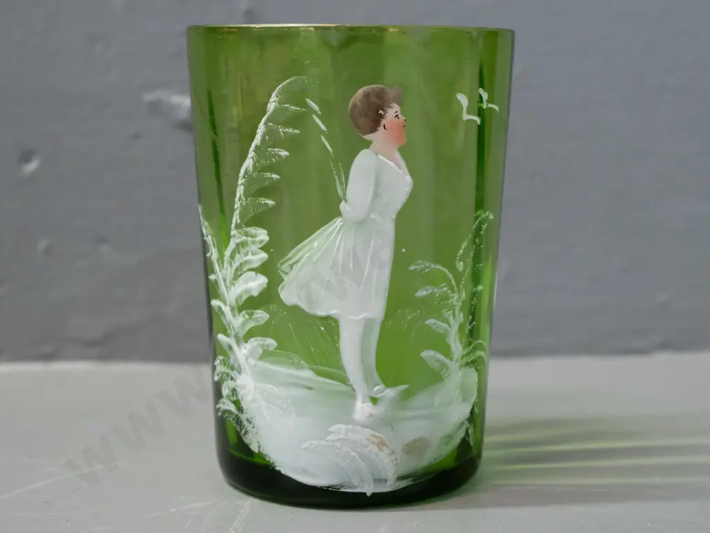 Bendigo Exhibition 1902 souvenir Mary Gregory style hand decorated green glass tumbler - etched name Jane Puddy H-100 Image 1++