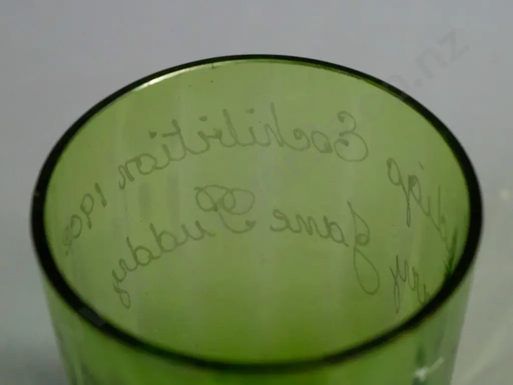 Bendigo Exhibition 1902 souvenir Mary Gregory style hand decorated green glass tumbler - etched name Jane Puddy H-100 Image 1++