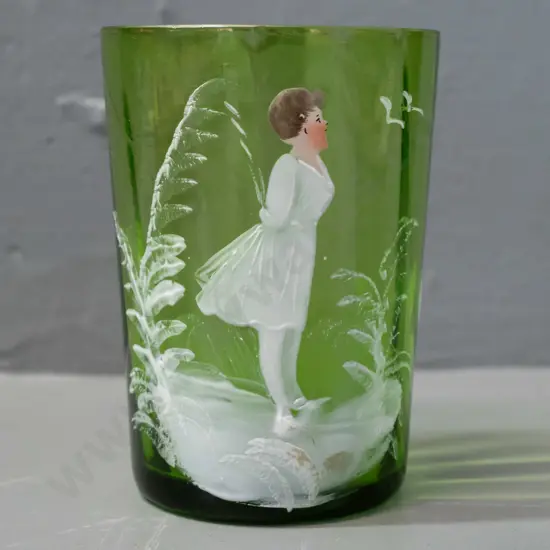Bendigo Exhibition 1902 souvenir Mary Gregory style hand decorated green glass tumbler - etched name Jane Puddy H-100