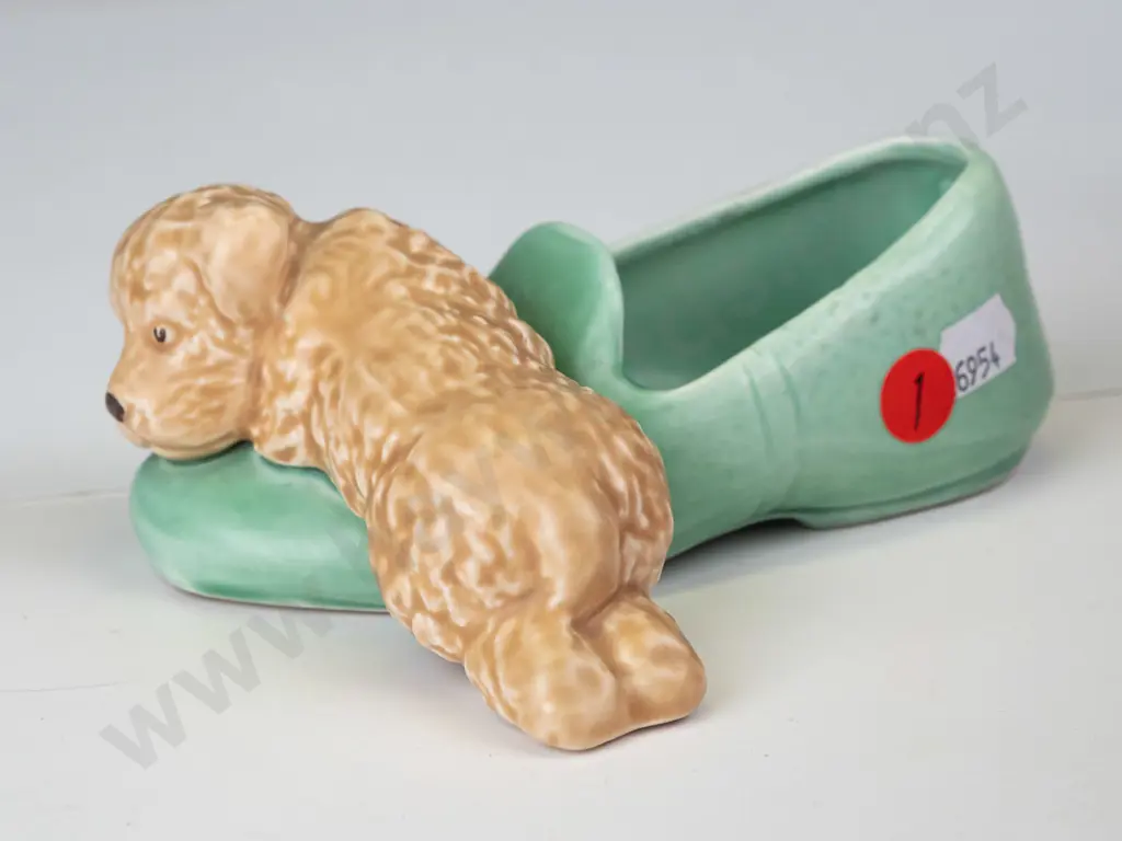 vintage (Sylvac?) puppy and slipper marked 31 and Made in England on bottom. H-60 L-155 Image 1++