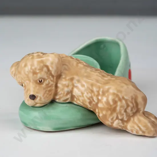 vintage (Sylvac?) puppy and slipper marked 31 and Made in England on bottom. H-60 L-155