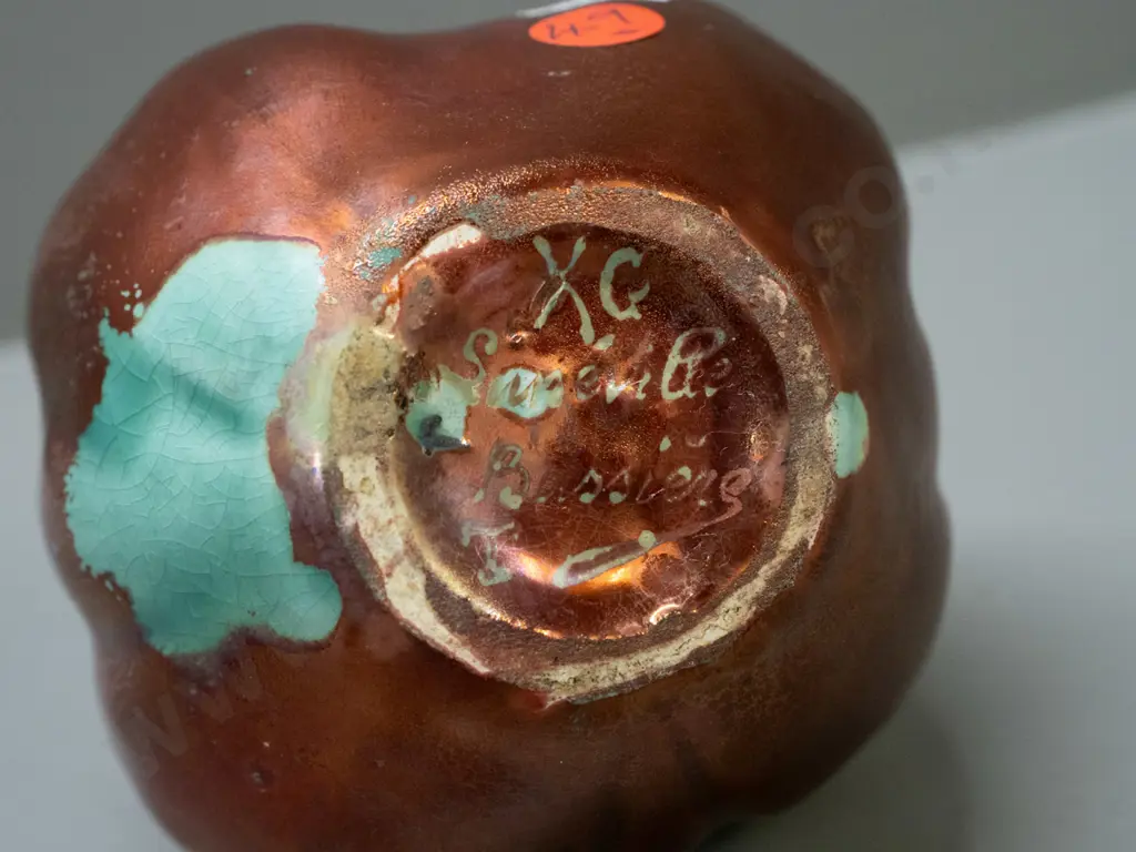 vintage gourd-shaped vase - copper lustre over red glaze, hard to read marks Bussiere and (Senneville?) see photos H-190 Image 1++