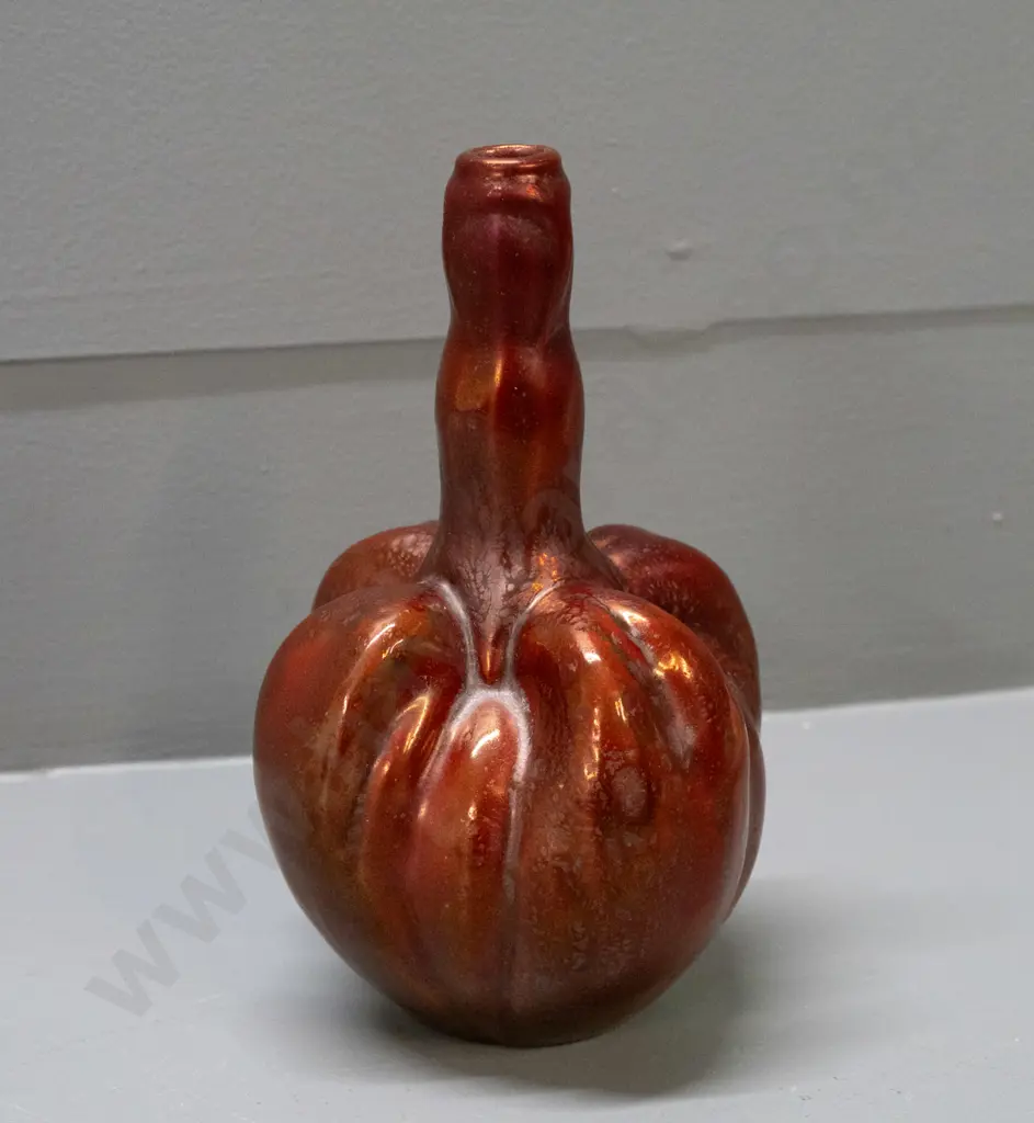 vintage gourd-shaped vase - copper lustre over red glaze, hard to read marks Bussiere and (Senneville?) see photos H-190 Image 1++