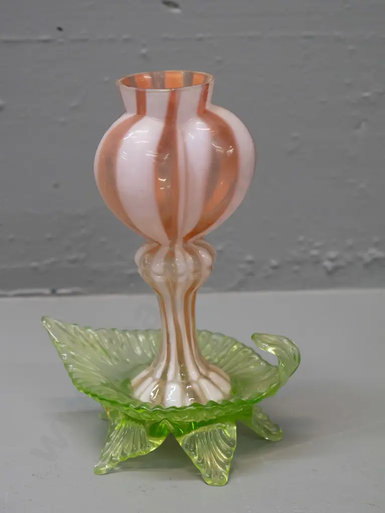 vintage uranium and pink glass vase with lobed top on green uranium 5-footed lead shaped base. 3 feet are chipped. H-180 Image 1++