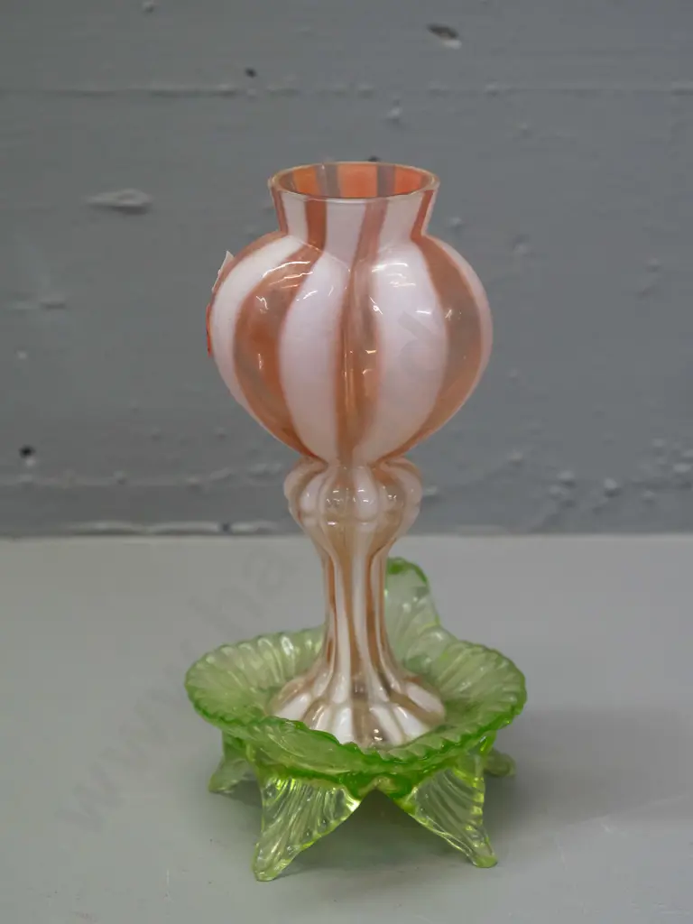vintage uranium and pink glass vase with lobed top on green uranium 5-footed lead shaped base. 3 feet are chipped. H-180 Image 1++