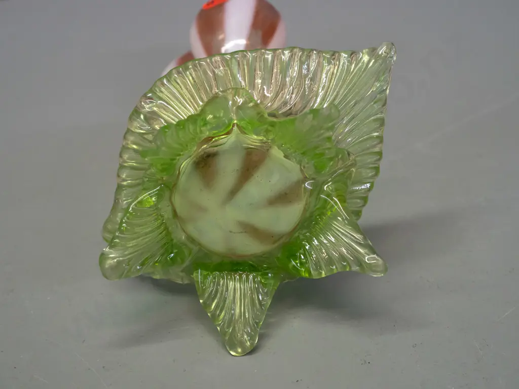 vintage uranium and pink glass vase with lobed top on green uranium 5-footed lead shaped base. 3 feet are chipped. H-180 Image 1++