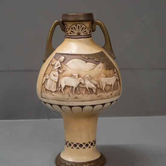 vintage Amphora Austrian arts & crafts style vase with mountain scene and shepherdess motifs H-235