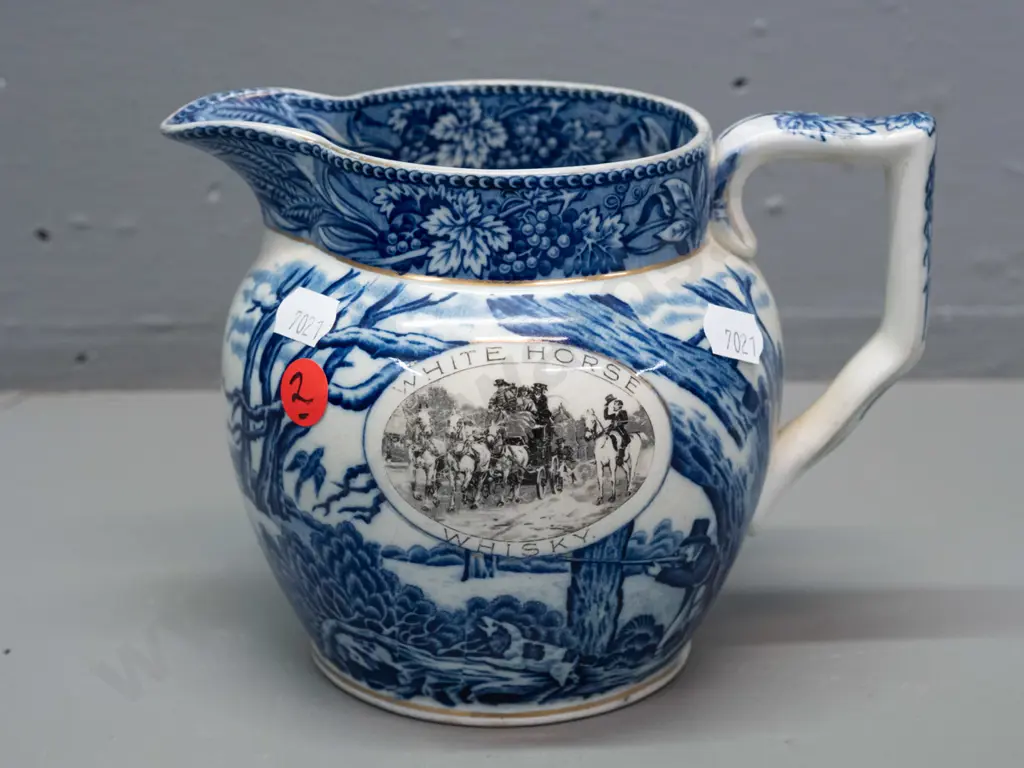 Shelley English blue & white transferware White Horse whisky jug with hunting motifs H-130 W-170 Image 1++